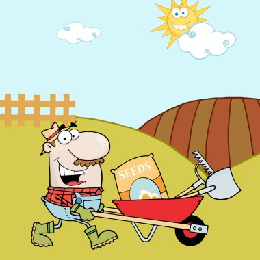 Happy Gardener Drives A Barrow With Tools clipart