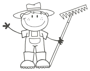 Outlined Farmer Boy Holding A Rake And Waving clipart
