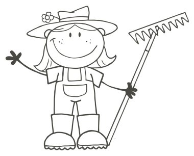 Outlined Farmer Girl Holding A Rake And Waving clipart