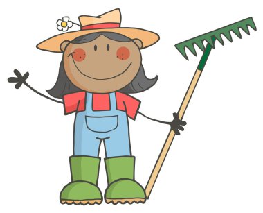 Tırmık basılı tutup sallayarak siyah çiftçi kız
