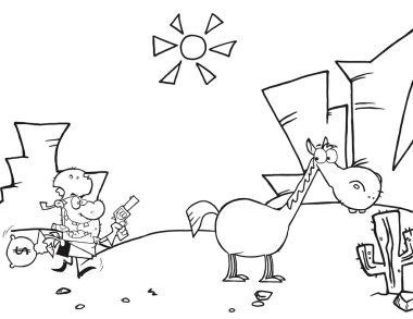 Outlined Cowboy Escapes To His Horse clipart