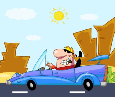 Rich Man Drives Convertible In Front Western Landscape clipart