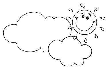 Seviyelendirilmiş bulut mutlu güneş çizgi film karakteri altında yüzen