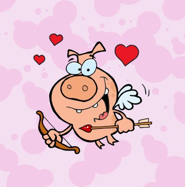 Cupid Pig With Flying With Hearts, A Bow And Arrow clipart