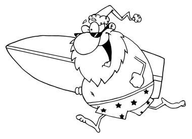 Outlined Cartoon Santa Surfer clipart