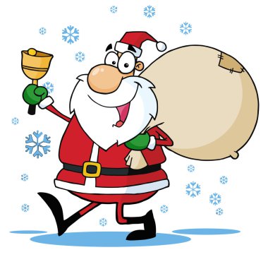 Olly Santa Holding A Sack Over His Shoulder, Walking In The Snow And Ringing A Bell clipart