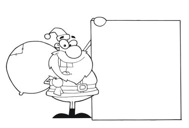 Outlined Jolly Santa Holding A Sack Over His Shoulder And Holding Up A Blank Sign Board clipart