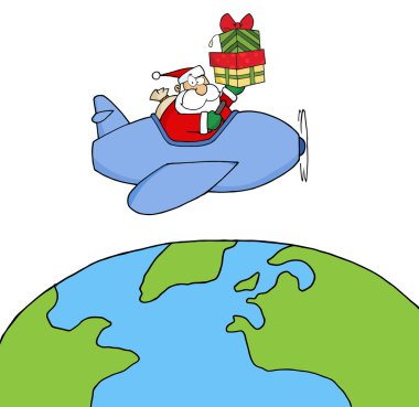 Caucasian Santa Flying A Plane And Holding Gifts Above The Globe clipart
