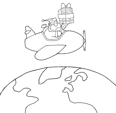 Outlined Santa Claus Holding Up A Stack Flying Around Earth clipart