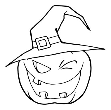 Coloring Page Outline Of A Toothy Jackolantern Pumpkin Winking And Wearing A Witch Hat clipart