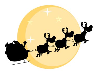 Black Silhouette Of Santa And A Reindeers Flying In Moon clipart