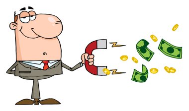 Happy Businessman Using A Magnet To Attracts Money clipart