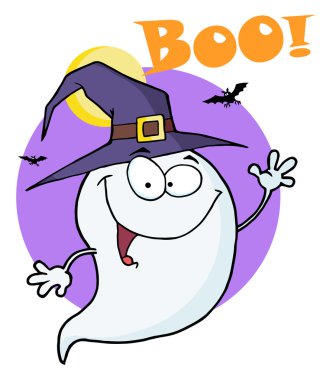 Halloween Ghost Wearing A Witch Hat And Waving Over A Purple Circle With Boo clipart