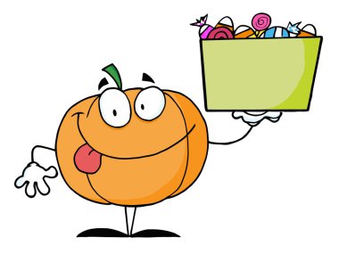 Happy Pumpkin Character Holding Up A Tub Of Candy clipart