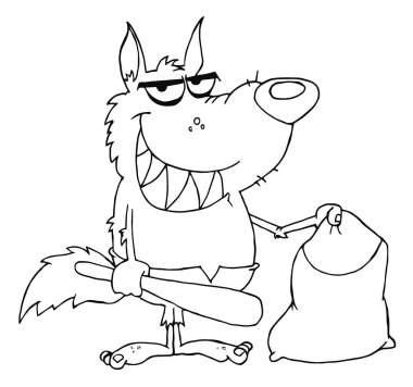 Coloring Page Outline Of A Werewolf Holding A Bat And Trick Or Treat Bag clipart