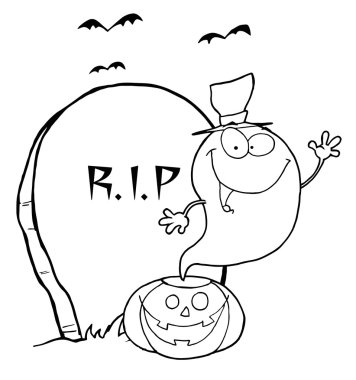 Coloring Page Outline Of A Halloween Ghost Wearing A Witch Hat And Waving Over A Pumpkin By A Tombstone clipart