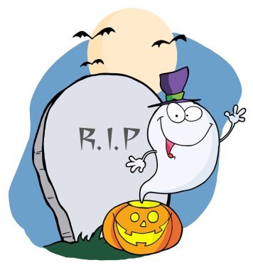 Waving Halloween Ghost Wearing A Witch Hat Over A Pumpkin By A Tombstone clipart