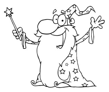 Outlined Wizard Waving And Cape Holding A Magic Wand clipart