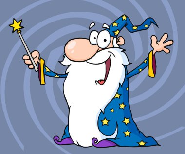 Jolly Old Wizard In A Star Robe, Holding Up His Wand Over Blue Swirls clipart