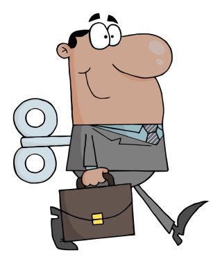 Windup Black Businessman Walking With A Briefcase clipart