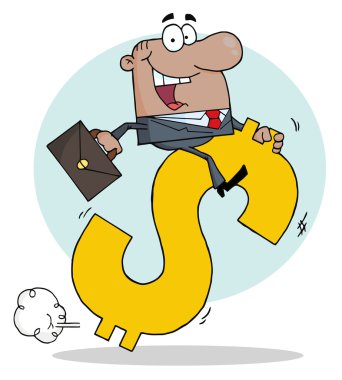 Hispanic Businessman Riding On A Hopping Dollar Symbol Over A Blue Circle clipart