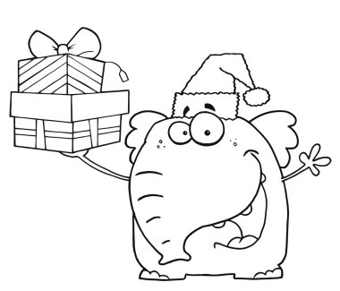 Outlined Happy Christmas Elephant Holds Up Gifts clipart