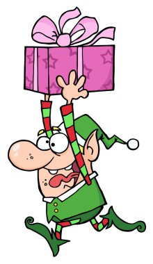 Happy Santa's Elf Runs With Gift clipart