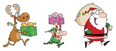 Happy's Santa Claus,Elf and Reindeer Runs With Gifts clipart