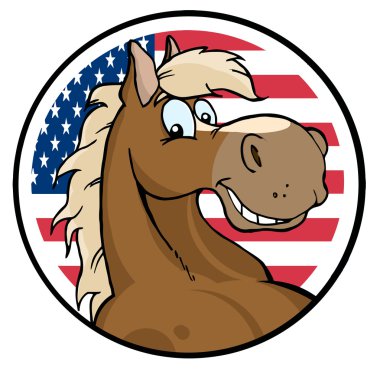 Happy Cartoon Horse In Front Of Flag Of USA clipart