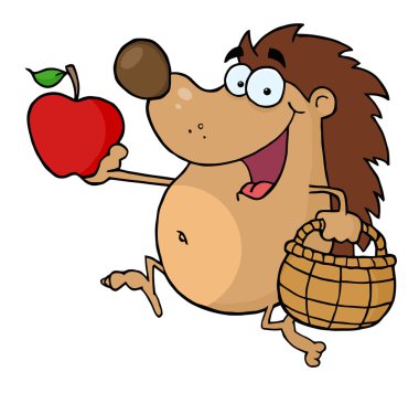 Happy Hedgehog Runs With Apple Illustration clipart