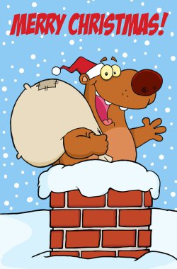 Greeting Over A Christmas Santa Bear In A Chimney clipart