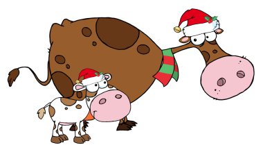 Spotted Calf By A Mom Dairy Cow With Santa's Hats clipart