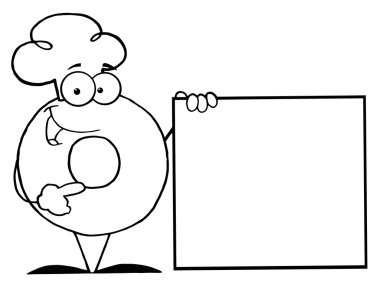 Outlined Donut Cartoon Character Presenting A Blank Sign clipart