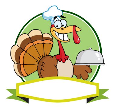 Thanksgiving Turkey Bird Chef Holding A Platter Over A Blank Banner clipart