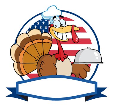 Turkey Chef Serving A Platter Over A Circle And Blank Banner In Front Of Flag Of USA clipart