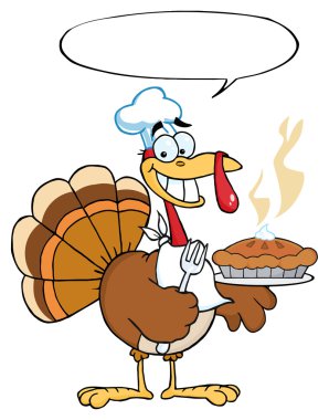 Happy Turkey Chef With Pumpkin Pie And Speech Bubble clipart