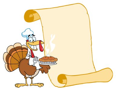 Happy Thanksgiving Turkey Bird Holding A Pie By A Blank Menu Scroll clipart