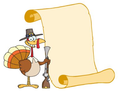 Happy Thanksgiving Turkey Bird Holding A Musket By A Blank Menu Scroll clipart