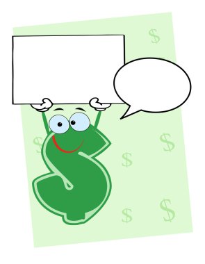 Dollar Currency Character With A Word Balloon And Blank Sign Over Green clipart