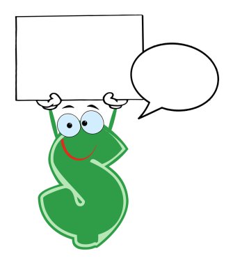 Happy Dollar Cartoon Character Holding A Blank With Speech Bubble clipart