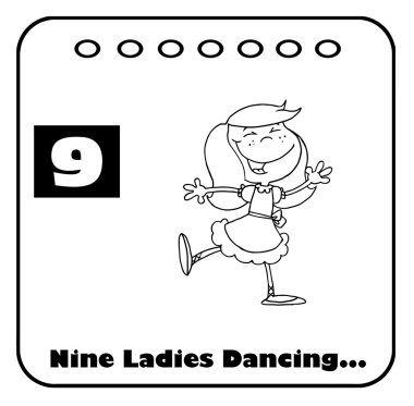 Black And White Lady Dancing On A Christmas Calendar With Text And Number Nine clipart