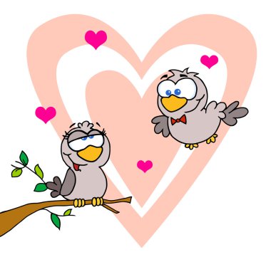 Two Turtle Doves By A Branch In Front Of A Big Heart clipart