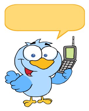 Blue Bird With Cell Phone And Speech Bubble clipart