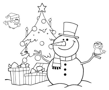 Outlined Friendly Snowman With A Cute Birds And Christmas Tree