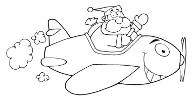 Outlined Santa Flying With Christmas Plane clipart