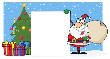 Santa Claus Presenting A Blank Sign And Christmas Tree clipart