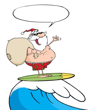 Noel Baba konuşma balonu ile sörf yaparken onun çuval taşıma