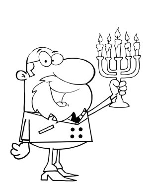 Outlined Rabbi Man Holding Up A Menorah clipart