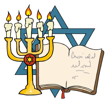 Altın menorah ve kitap önünde, Davut yıldızı