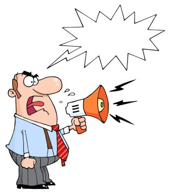 Caucasian Businessman Yelling Through A Megaphone With A Speech Balloon clipart